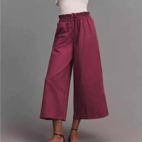 Anthropologie Linen Smocked High Rise Wide Leg Pants Purple LP Large Petite J - Picture 1 of 11